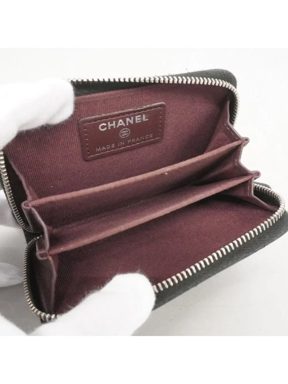 Chanel Coin Case Quilted Caviar Leather Black Silver